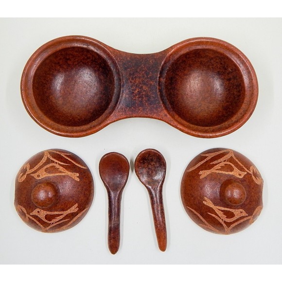 Glazed Clay Bird Motif Jelly Jam Condiment Set With Spoons Lids Primitive - Picture 4 of 8